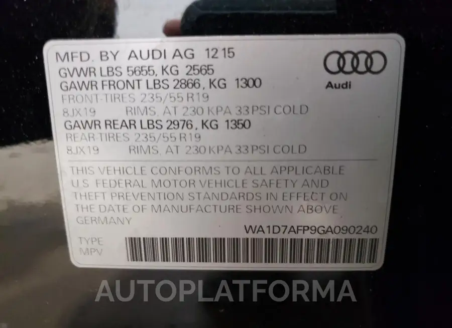 AUDI Q5 PREMIUM 2016 vin WA1D7AFP9GA090240 from auto auction Copart