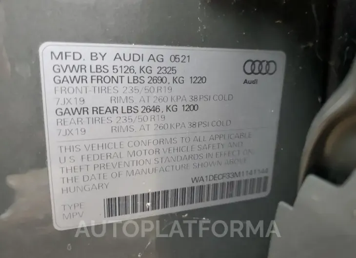 AUDI Q3 PREMIUM 2021 vin WA1DECF33M1141144 from auto auction Copart