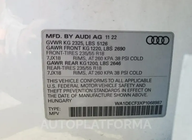 AUDI Q3 PREMIUM 2023 vin WA1DECF3XP1068987 from auto auction Copart