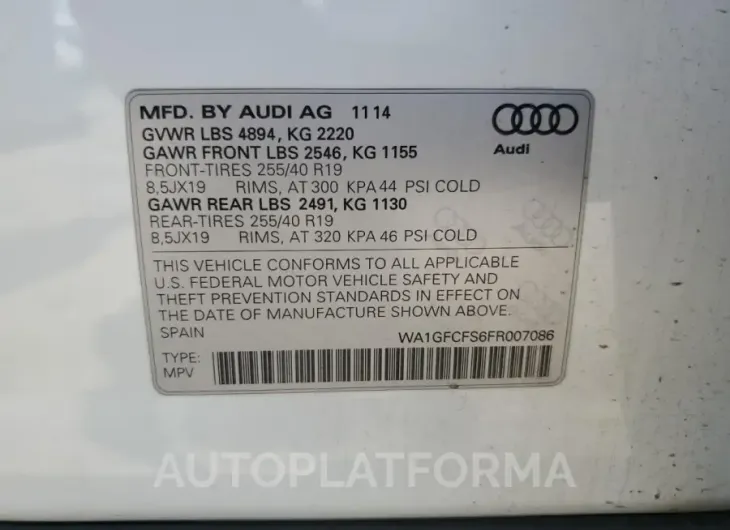 AUDI Q3 PRESTIG 2015 vin WA1GFCFS6FR007086 from auto auction Copart