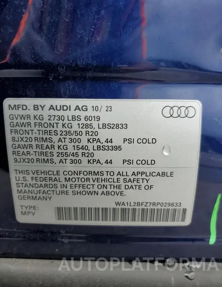 AUDI Q4 E-TRON 2024 vin WA1L2BFZ7RP029633 from auto auction Copart