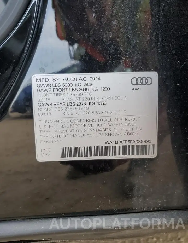 AUDI Q5 PREMIUM 2015 vin WA1LFAFP5FA039993 from auto auction Copart