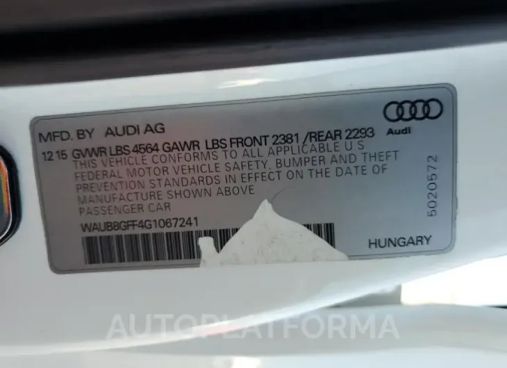 AUDI A3 PREMIUM 2016 vin WAUB8GFF4G1067241 from auto auction Copart