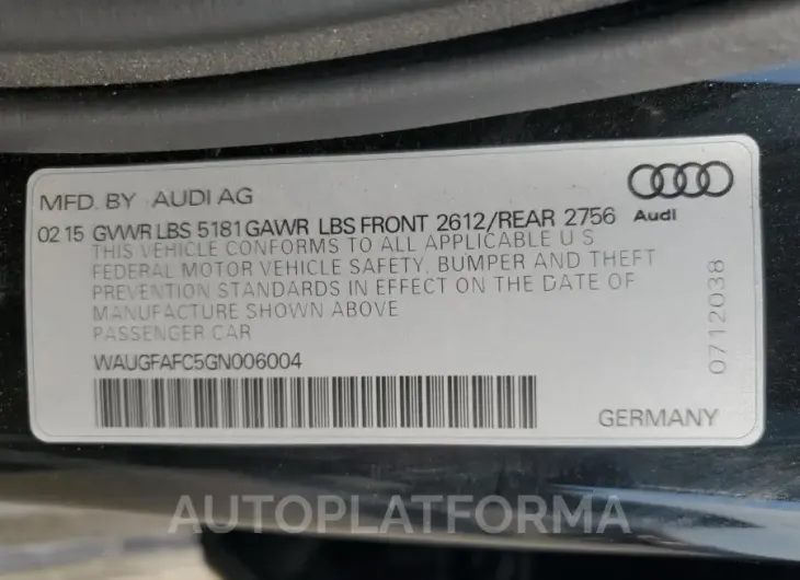 AUDI A6 PREMIUM 2016 vin WAUGFAFC5GN006004 from auto auction Copart