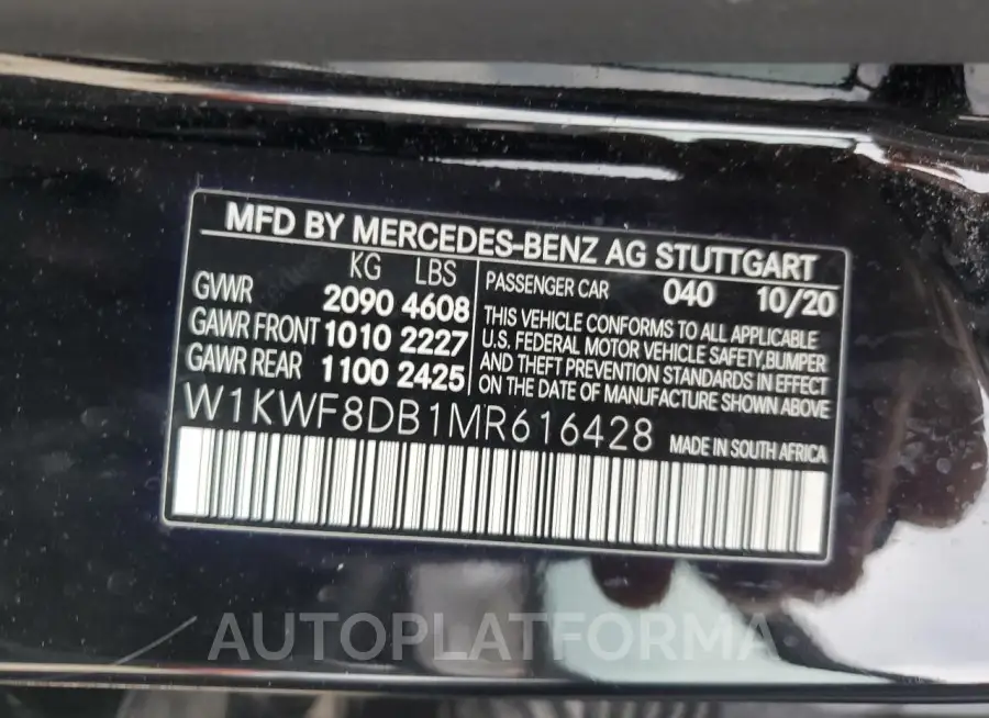 MERCEDES-BENZ C 300 2021 vin W1KWF8DB1MR616428 from auto auction Copart