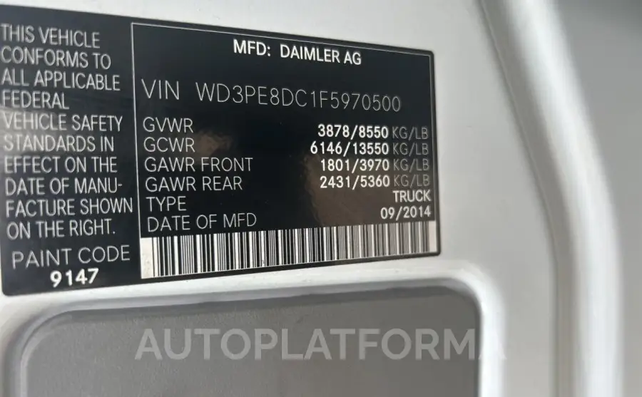 MERCEDES-BENZ SPRINTER 2 2015 vin WD3PE8DC1F5970500 from auto auction Copart