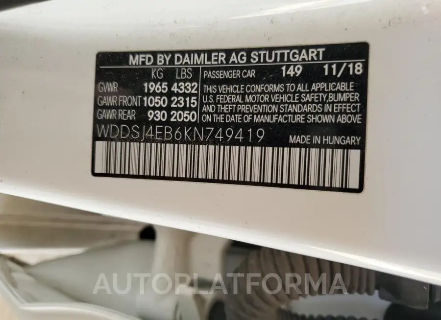 MERCEDES-BENZ CLA 250 2019 vin WDDSJ4EB6KN749419 from auto auction Copart