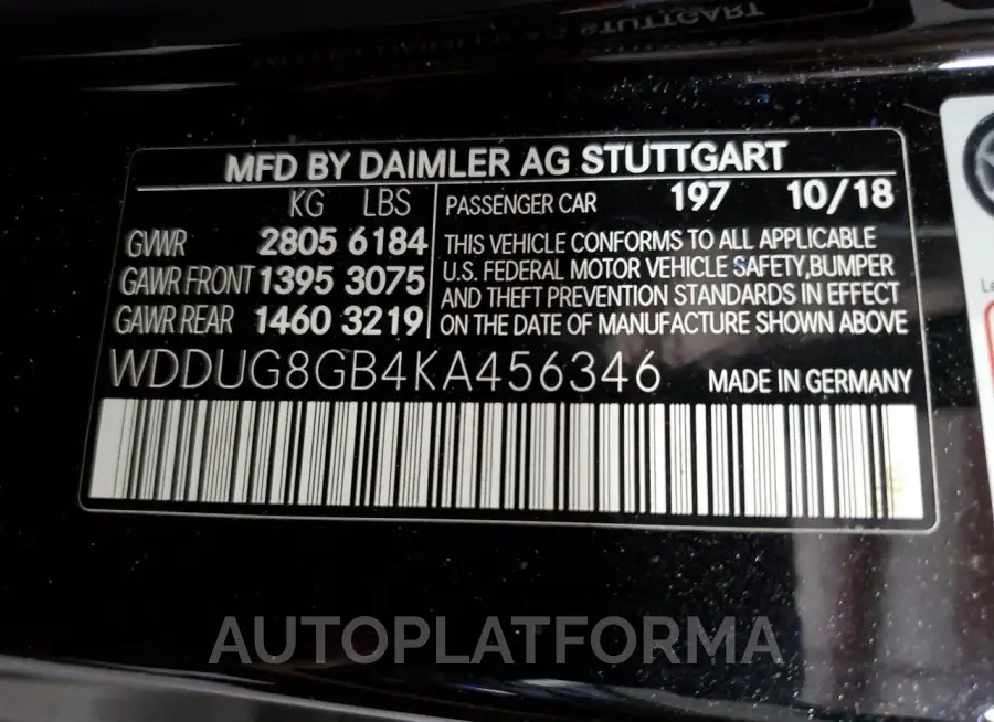 MERCEDES-BENZ S 560 4MAT 2019 vin WDDUG8GB4KA456346 from auto auction Copart