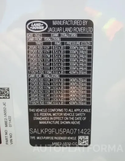 LAND ROVER RANGE ROVE 2023 vin SALKP9FU5PA071422 from auto auction Copart