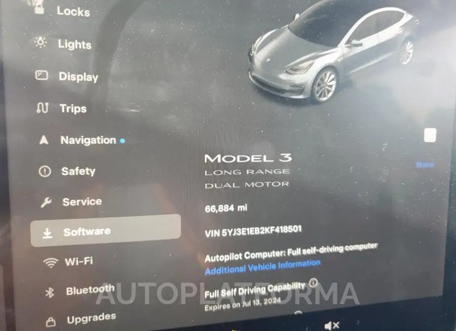 TESLA MODEL 3 2019 vin 5YJ3E1EB2KF418501 from auto auction Copart