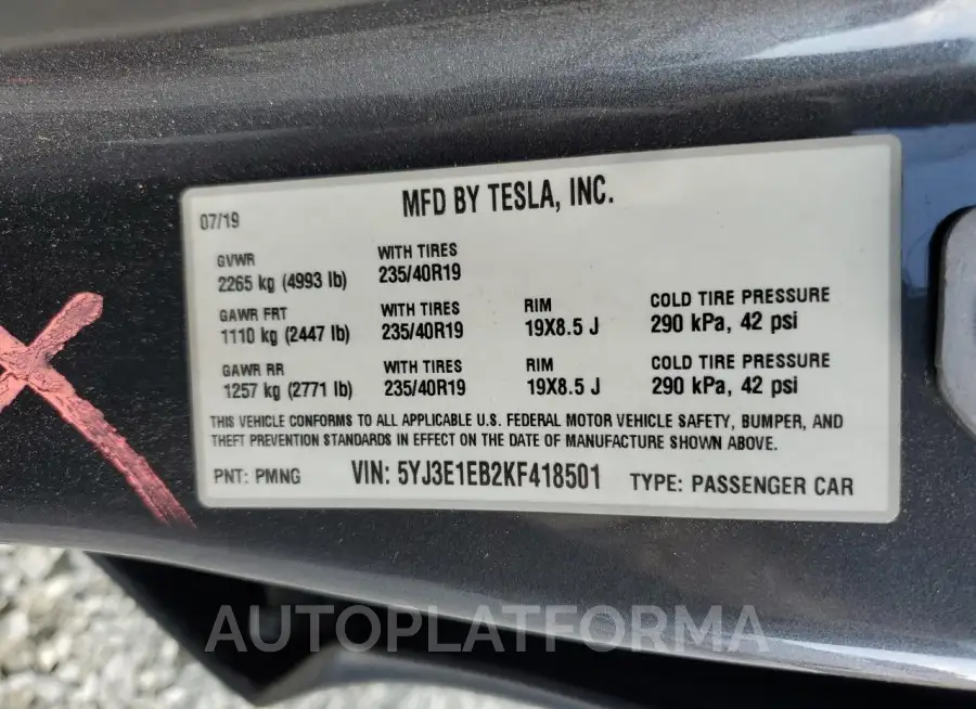 TESLA MODEL 3 2019 vin 5YJ3E1EB2KF418501 from auto auction Copart