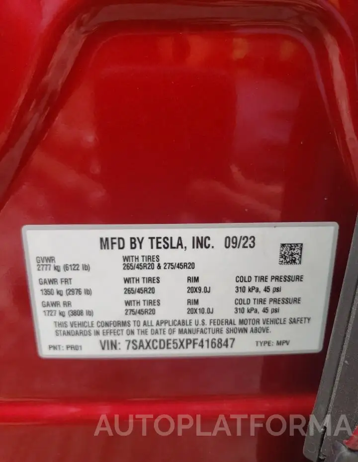 TESLA MODEL X 2023 vin 7SAXCDE5XPF416847 from auto auction Copart