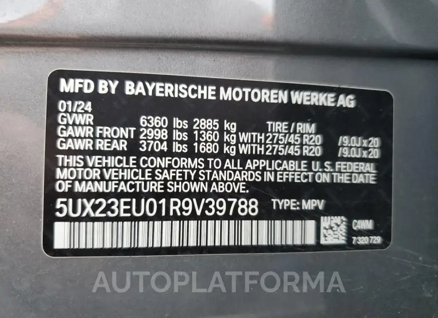 BMW X5 XDRIVE4 2024 vin 5UX23EU01R9V39788 from auto auction Copart