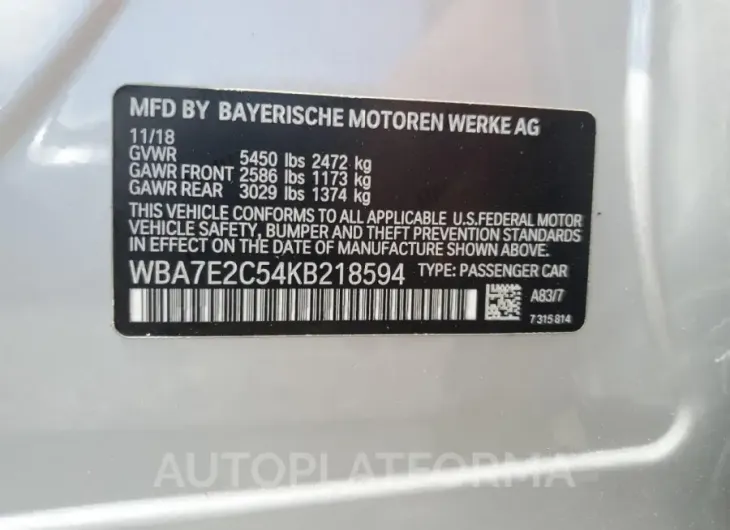 BMW 740 I 2019 vin WBA7E2C54KB218594 from auto auction Copart