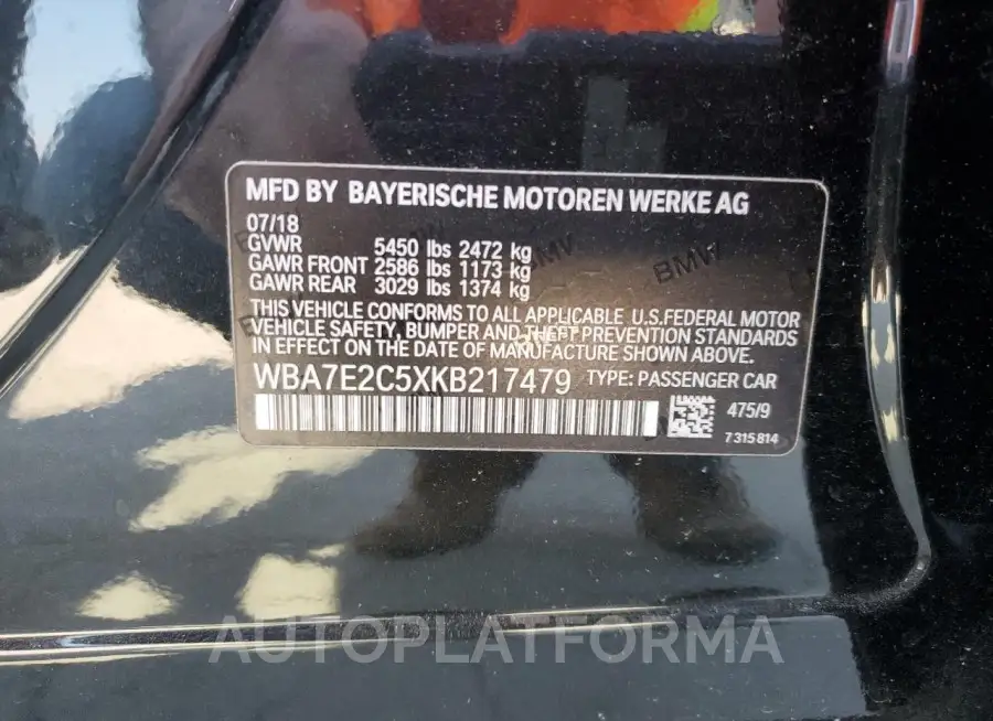 BMW 740 I 2019 vin WBA7E2C5XKB217479 from auto auction Copart