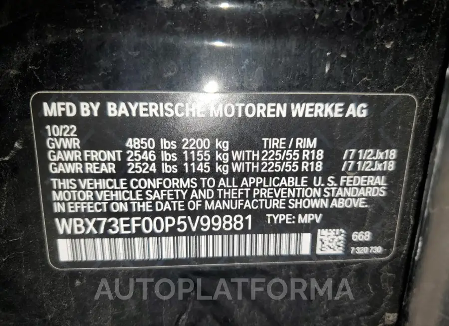 BMW X1 XDRIVE2 2023 vin WBX73EF00P5V99881 from auto auction Copart