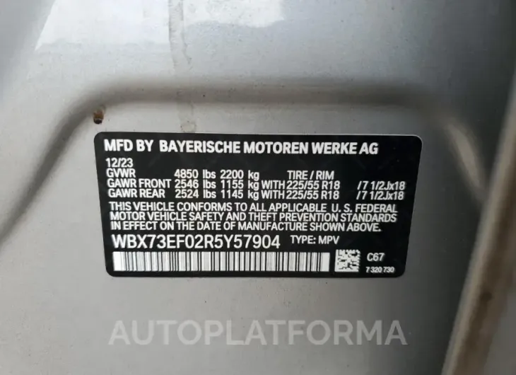 BMW X1 XDRIVE2 2024 vin WBX73EF02R5Y57904 from auto auction Copart