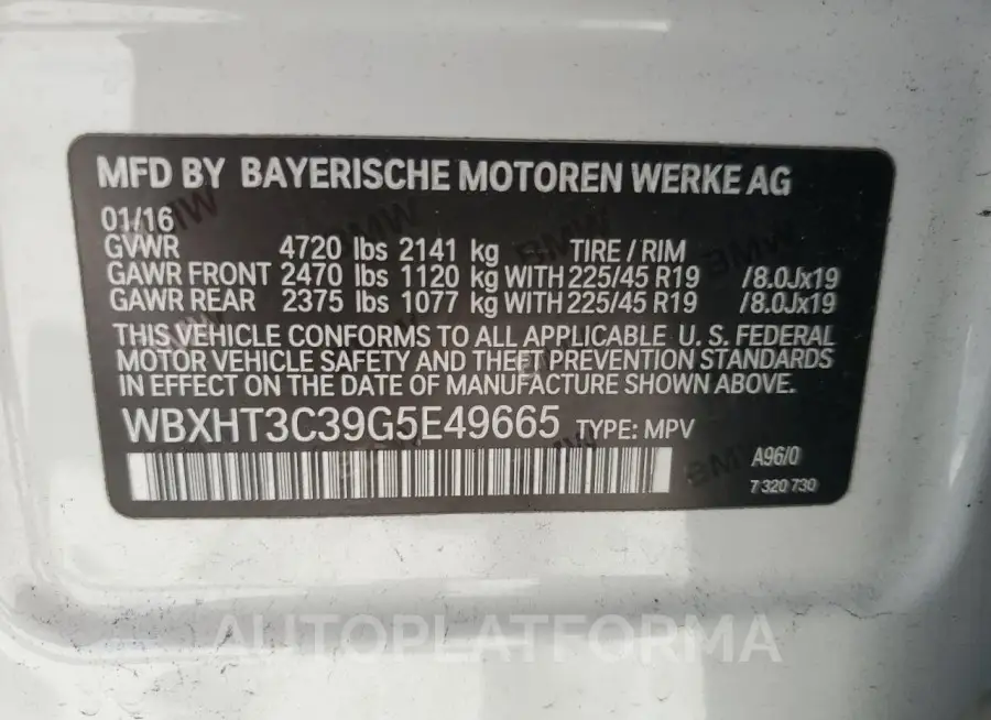 BMW X1 XDRIVE2 2016 vin WBXHT3C39G5E49665 from auto auction Copart