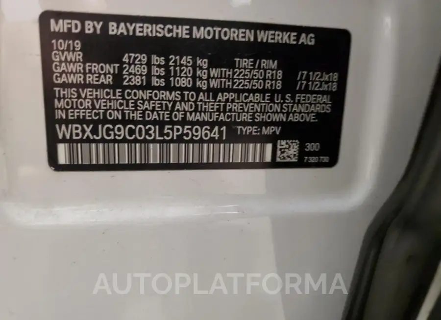 BMW X1 XDRIVE2 2020 vin WBXJG9C03L5P59641 from auto auction Copart