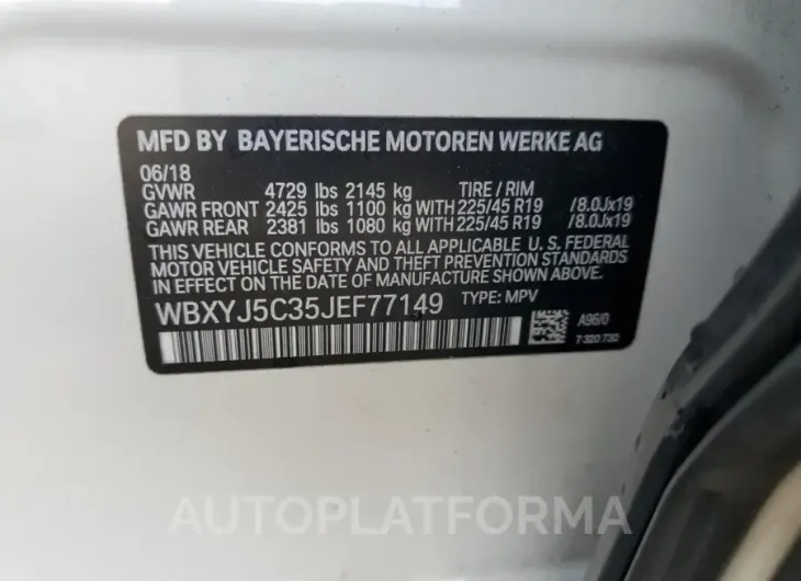 BMW X2 XDRIVE2 2018 vin WBXYJ5C35JEF77149 from auto auction Copart