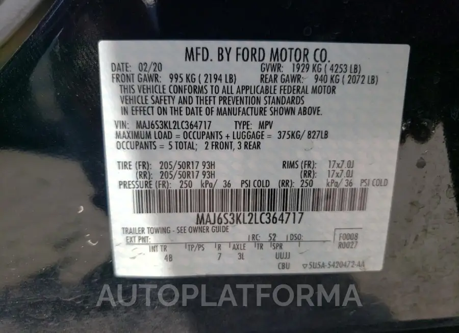 FORD ECOSPORT T 2020 vin MAJ6S3KL2LC364717 from auto auction Copart