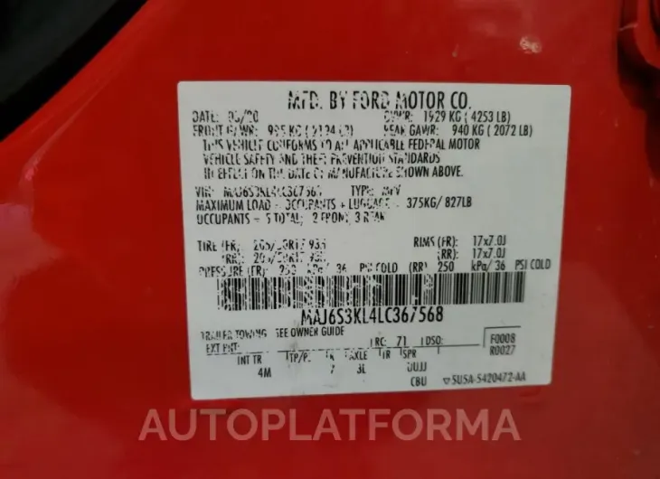 FORD ECOSPORT T 2020 vin MAJ6S3KL4LC367568 from auto auction Copart