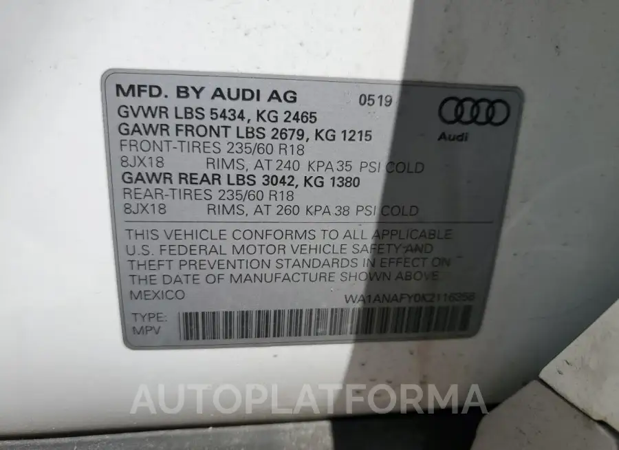 AUDI Q5 PREMIUM 2019 vin WA1ANAFY0K2116356 from auto auction Copart