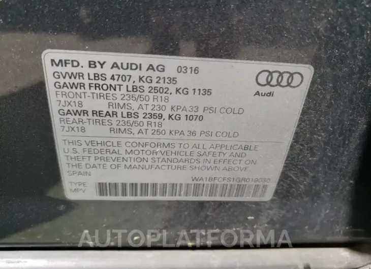 AUDI Q3 PREMIUM 2016 vin WA1BFCFS1GR019030 from auto auction Copart