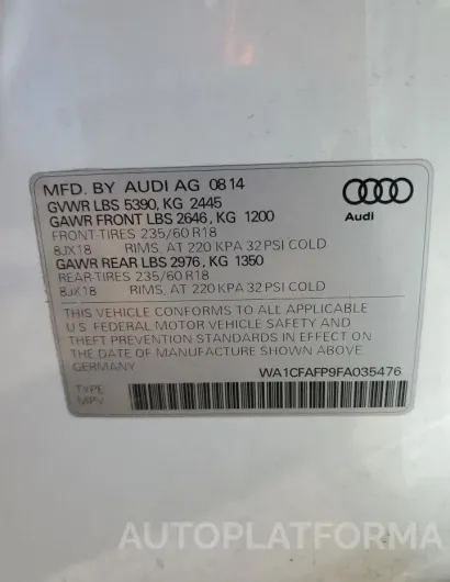 AUDI Q5 PREMIUM 2015 vin WA1CFAFP9FA035476 from auto auction Copart