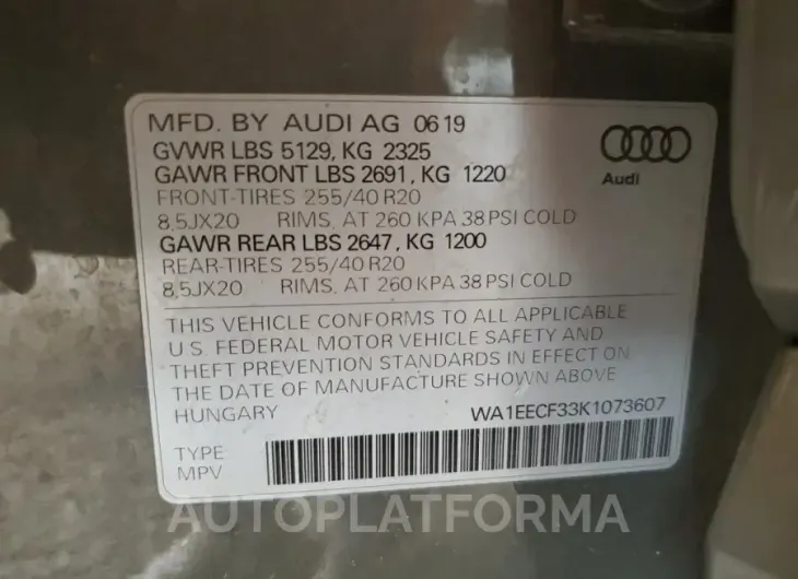 AUDI Q3 PREMIUM 2019 vin WA1EECF33K1073607 from auto auction Copart