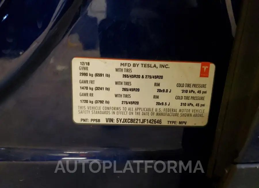 TESLA MODEL X 2018 vin 5YJXCBE21JF142646 from auto auction Copart