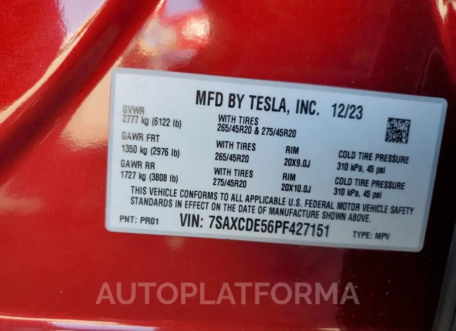 TESLA MODEL X 2023 vin 7SAXCDE56PF427151 from auto auction Copart