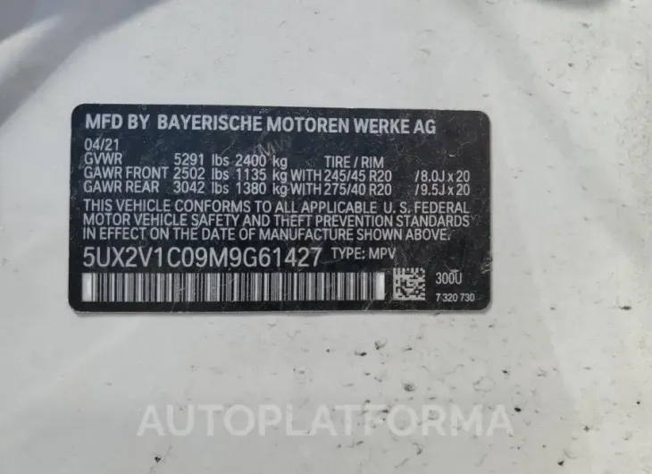 BMW X4 XDRIVE3 2021 vin 5UX2V1C09M9G61427 from auto auction Copart