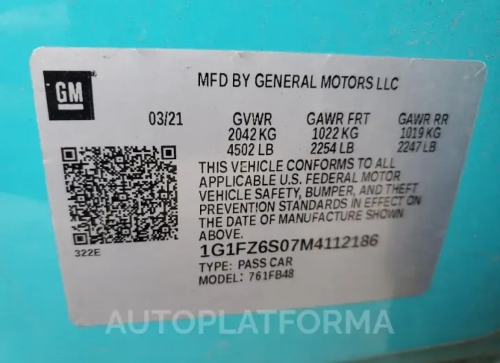 CHEVROLET BOLT EV PR 2021 vin 1G1FZ6S07M4112186 from auto auction Copart