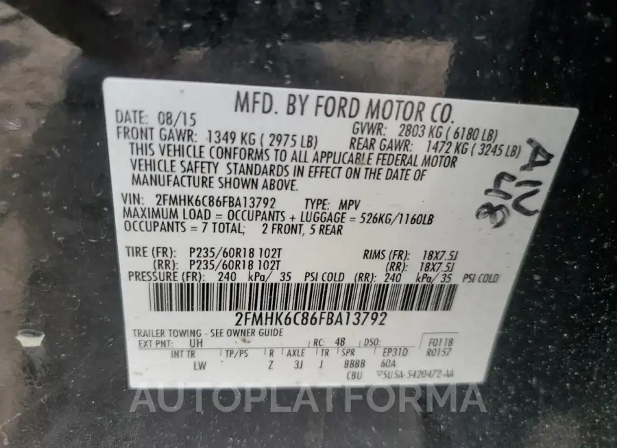 FORD FLEX 2015 vin 2FMHK6C86FBA13792 from auto auction Copart