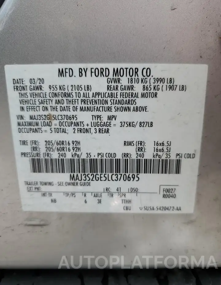 FORD ECOSPORT S 2020 vin MAJ3S2GE5LC370695 from auto auction Copart