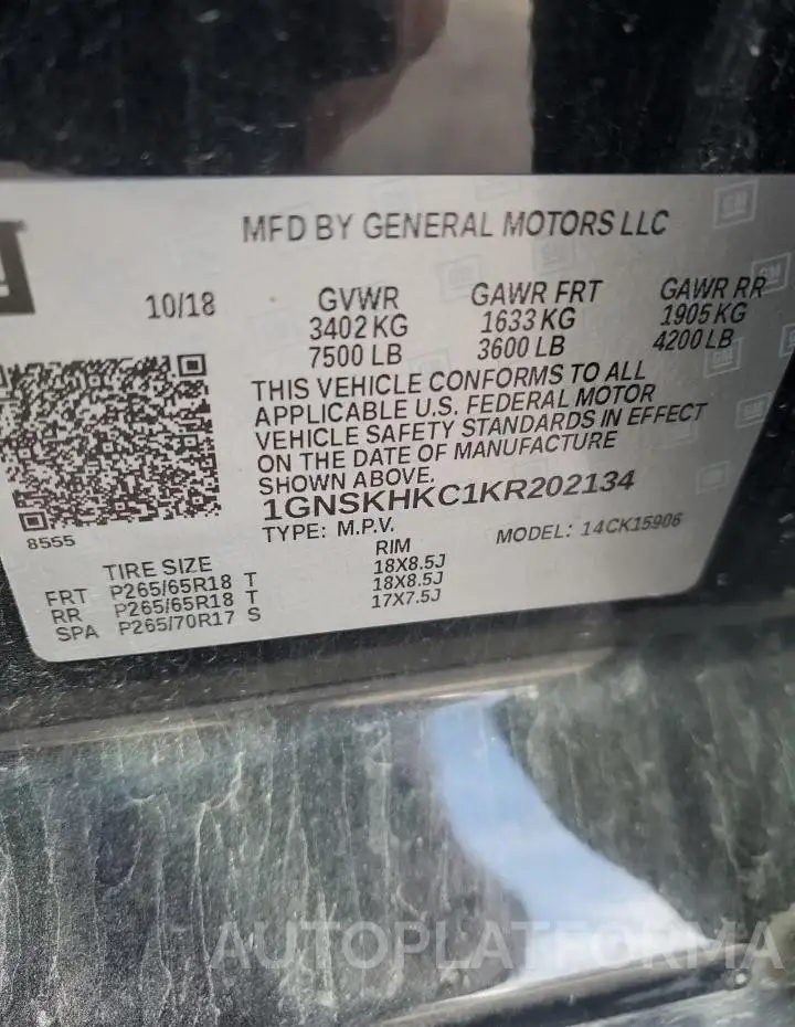 CHEVROLET SUBURBAN K 2019 vin 1GNSKHKC1KR202134 from auto auction Copart