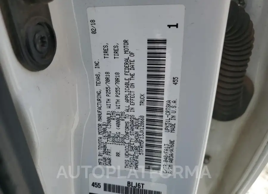 TOYOTA TUNDRA DOU 2018 vin 5TFRM5F13JX128668 from auto auction Copart