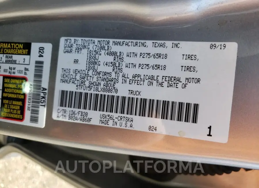 TOYOTA TUNDRA DOU 2020 vin 5TFUY5F18LX880870 from auto auction Copart