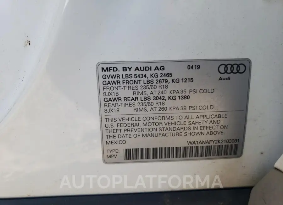 AUDI Q5 PREMIUM 2019 vin WA1ANAFY2K2103091 from auto auction Copart