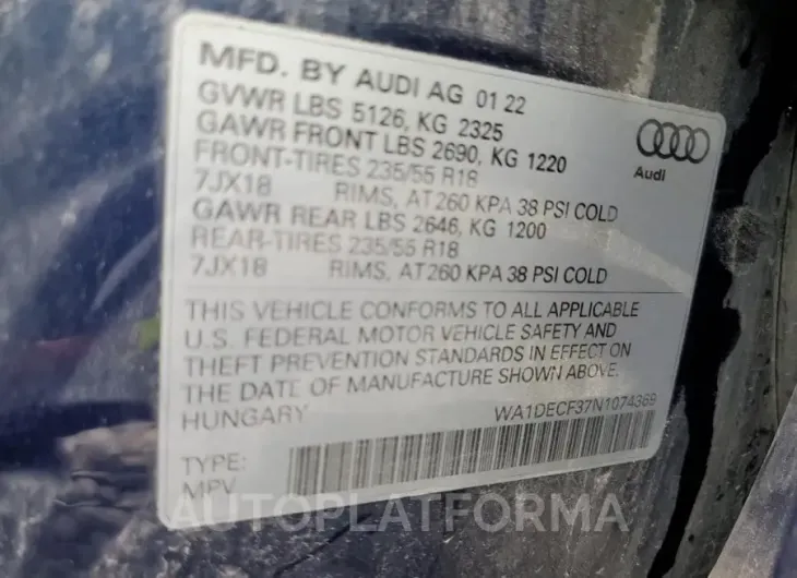 AUDI Q3 PREMIUM 2022 vin WA1DECF37N1074369 from auto auction Copart