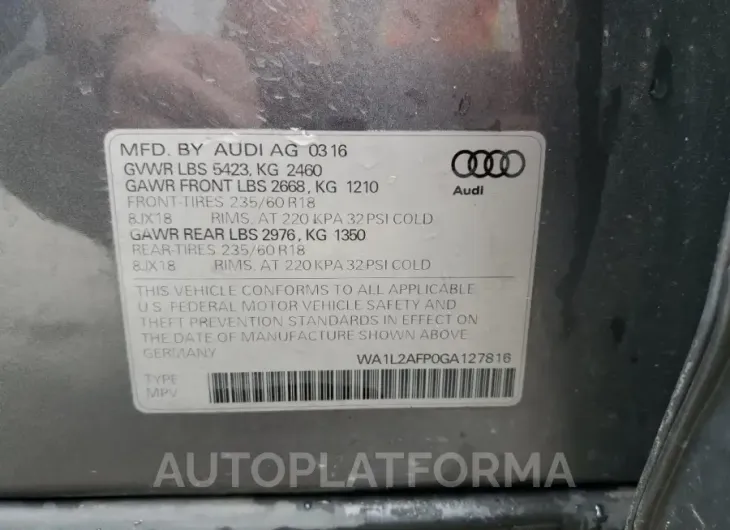 AUDI Q5 PREMIUM 2016 vin WA1L2AFP0GA127816 from auto auction Copart