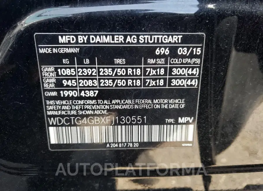 MERCEDES-BENZ GLA 250 4M 2015 vin WDCTG4GBXFJ130551 from auto auction Copart