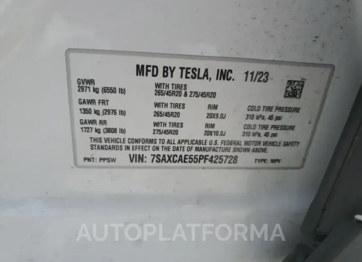 TESLA MODEL X 2023 vin 7SAXCAE55PF425728 from auto auction Copart