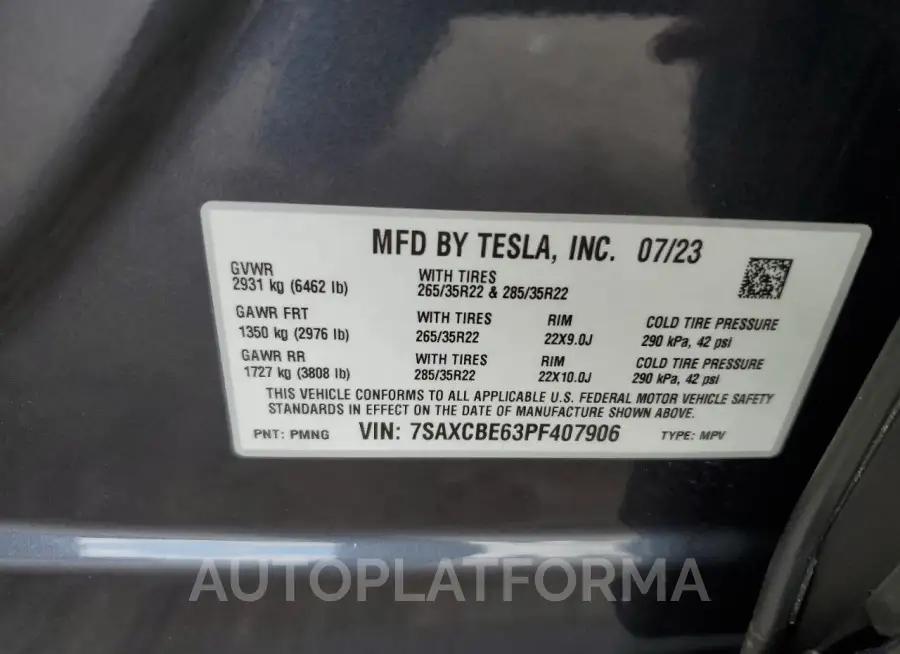 TESLA MODEL X 2023 vin 7SAXCBE63PF407906 from auto auction Copart