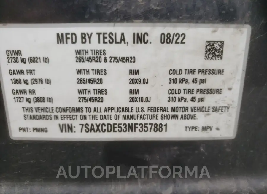 TESLA MODEL X 2022 vin 7SAXCDE53NF357881 from auto auction Copart