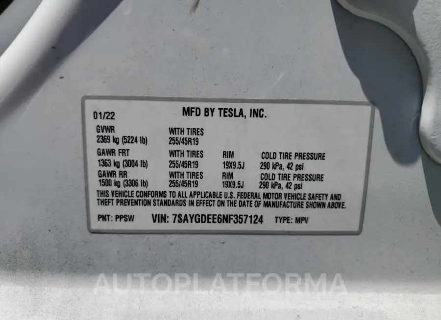 TESLA MODEL Y 2022 vin 7SAYGDEE6NF357124 from auto auction Copart