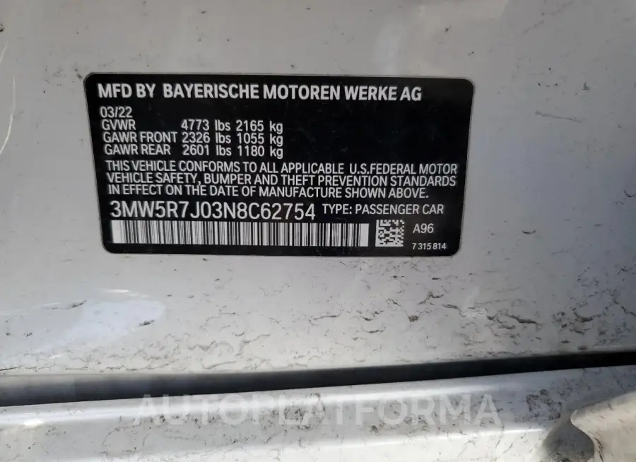 BMW 330XI 2022 vin 3MW5R7J03N8C62754 from auto auction Copart