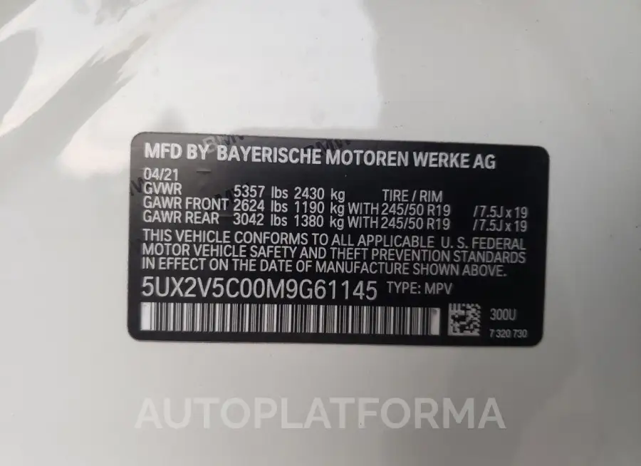 BMW X4 XDRIVEM 2021 vin 5UX2V5C00M9G61145 from auto auction Copart