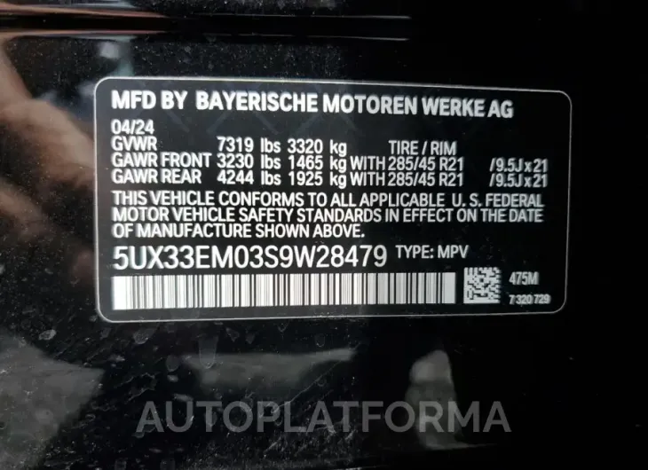 BMW X7 M60I 2025 vin 5UX33EM03S9W28479 from auto auction Copart